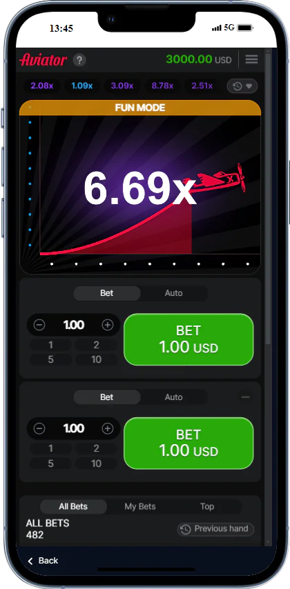 Screenshot of the demo mode of the Aviator game